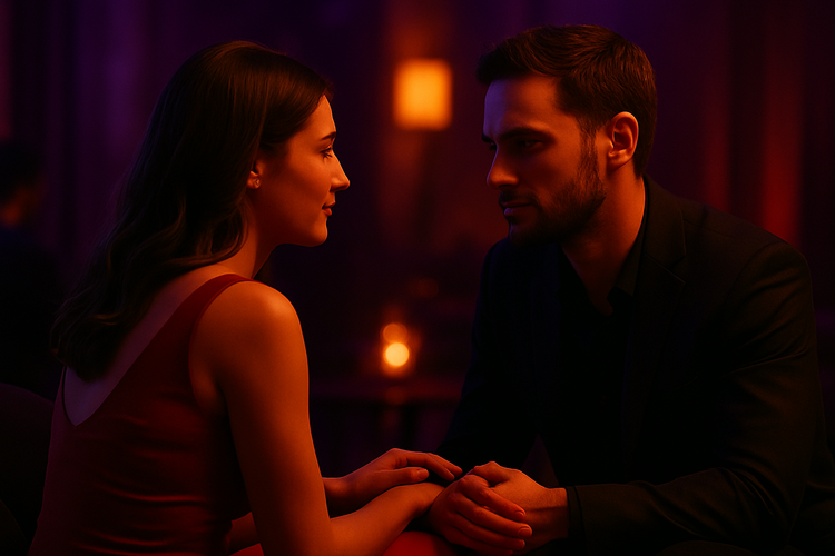 A couple sitting close together in a softly lit lounge, hands touching as they share a meaningful conversation surrounded by warm candlelight and deep purple tones.