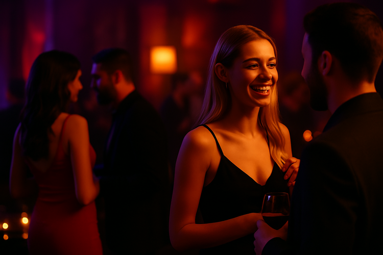 A woman in a black dress laughing and chatting with a man at a dimly lit lifestyle party, surrounded by warm amber and purple light as other guests mingle in the background.