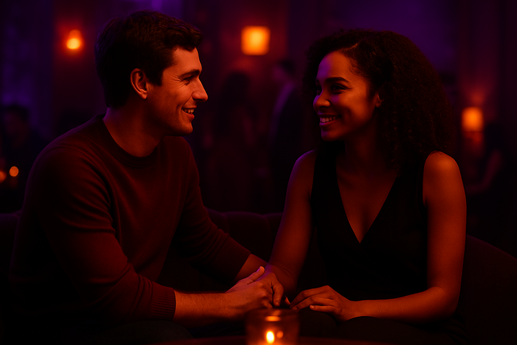A couple sitting together in a softly lit lounge, smiling and holding hands across a small candlelit table surrounded by warm purple and amber lighting.