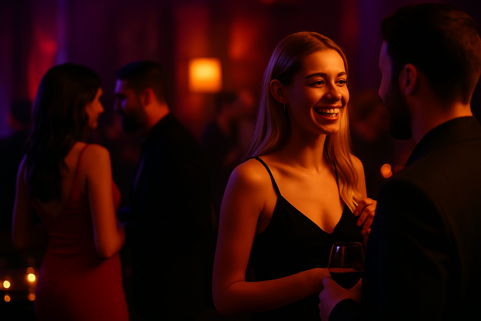 A woman in a black dress laughing and chatting with a man at a dimly lit lifestyle party, surrounded by warm amber and purple light as other guests mingle in the background.