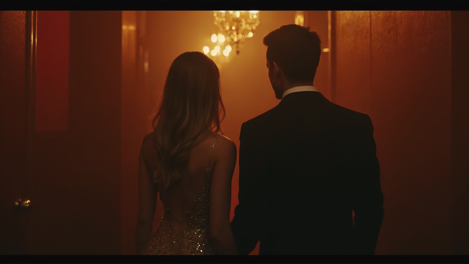 A confident couple enters a softly lit private event, symbolizing curiosity and anticipation.